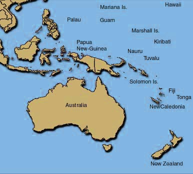Australia, Fiji, Guam, Kiribati, Mariana Islands, Marshall Islands, Nauru 